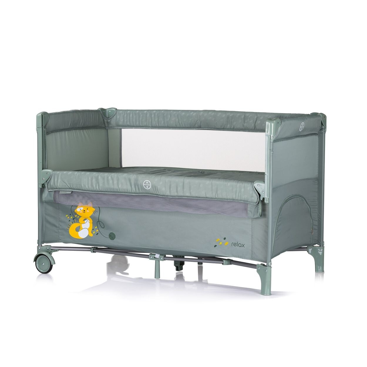 Chipolino Reisebett Relax 2 Ebenen, Vorderseite absenkbar, Seiteneingang, Tasche hellgrün