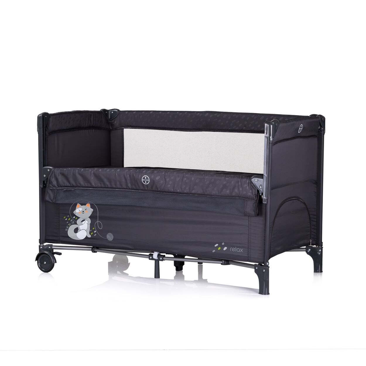 Chipolino Reisebett Relax 2 Ebenen, Vorderseite absenkbar, Seiteneingang, Tasche schwarz/grau