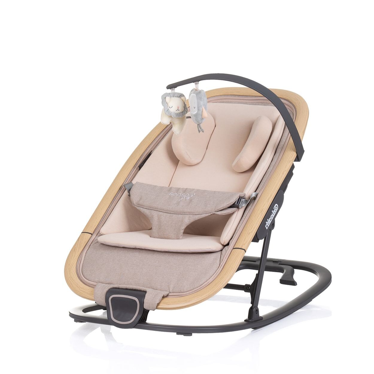 Chipolino Babywippe Senso Holzoptik Spielbogen Kopfstütze 3-Punkt-Gurt faltbar beige