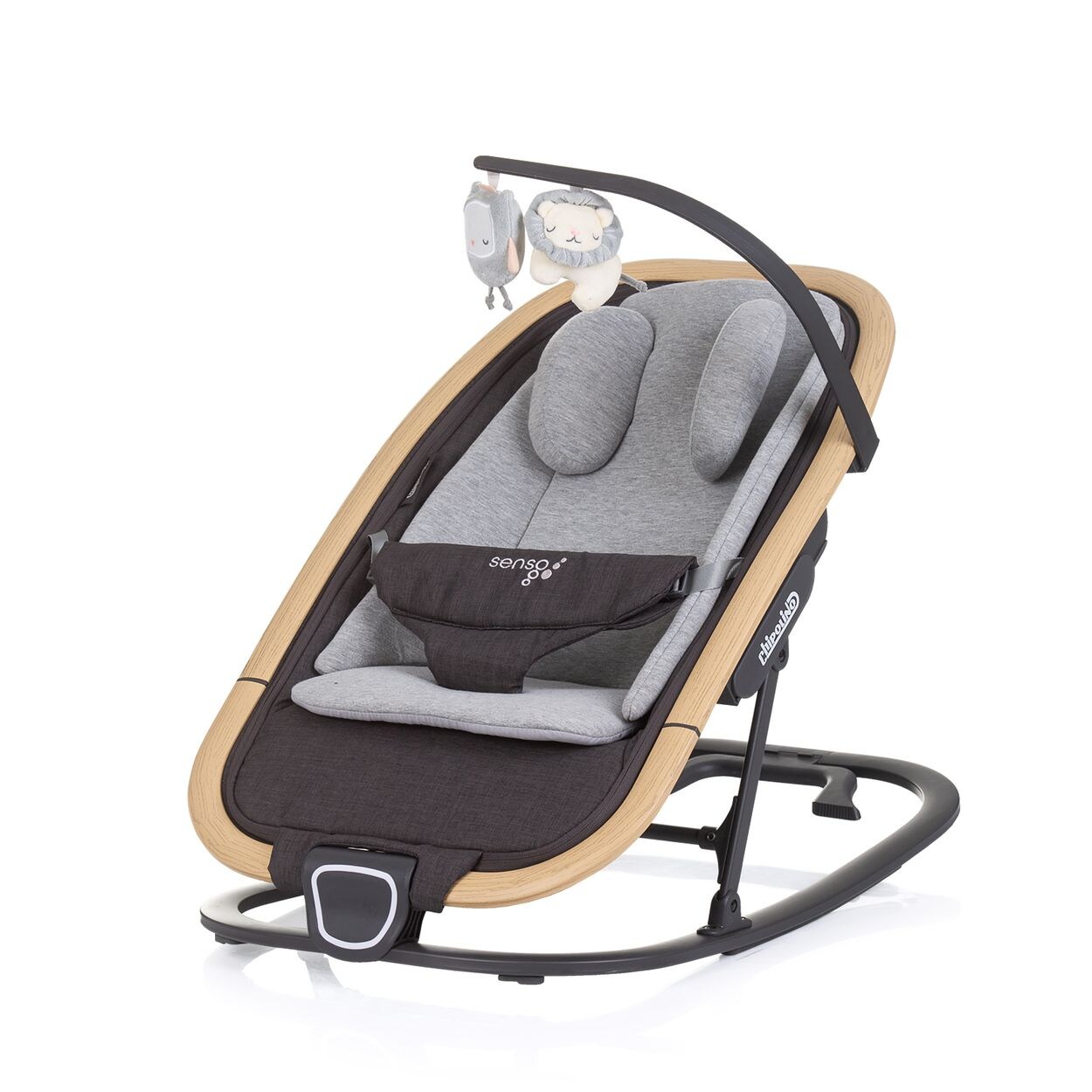 Chipolino Babywippe Senso Holzoptik Spielbogen Kopfstütze 3-Punkt-Gurt faltbar grau