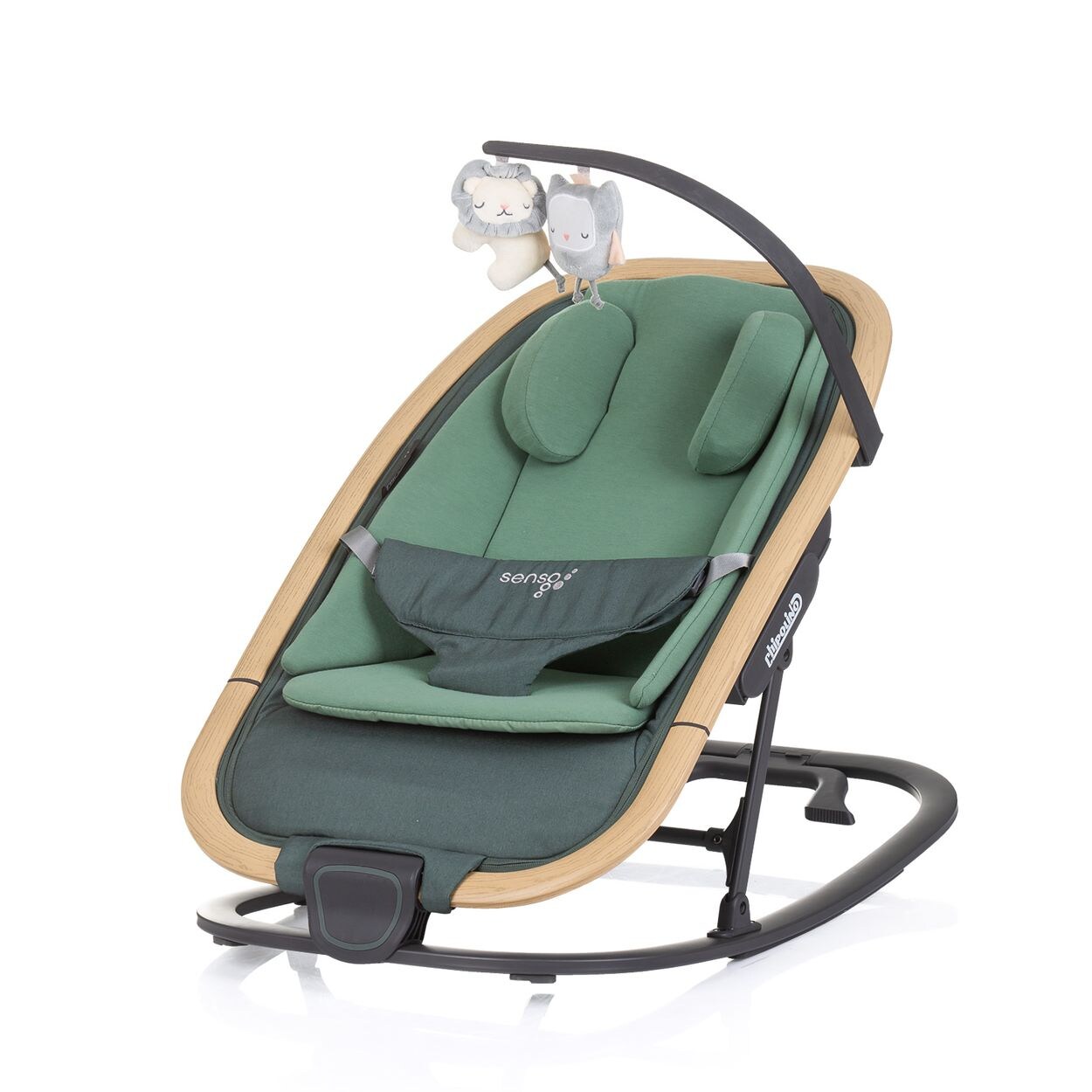 Chipolino Babywippe Senso Holzoptik Spielbogen Kopfstütze 3-Punkt-Gurt faltbar grün