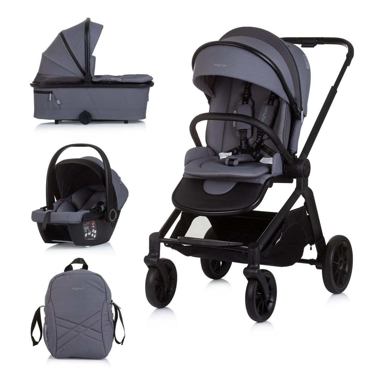 Chipolino Kombikinderwagen Magnum 3 in 1 Babywanne Sportsitz i-Size Babyschale grau