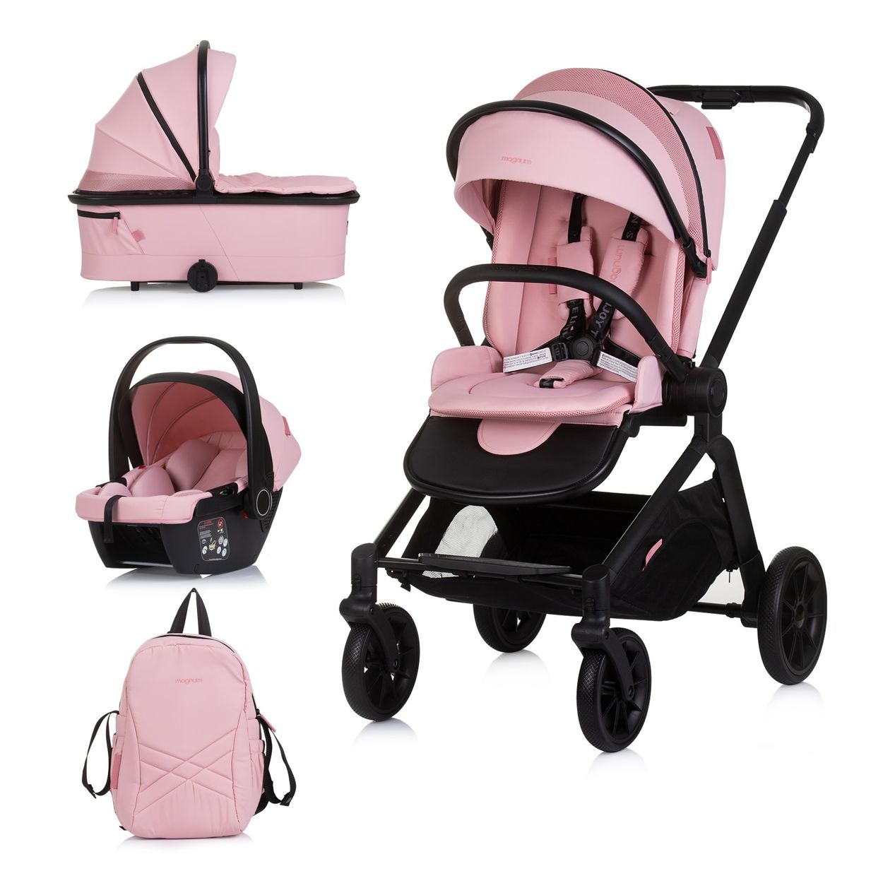 Chipolino Kombikinderwagen Magnum 3 in 1 Babywanne Sportsitz i-Size Babyschale rosa - Bild 1