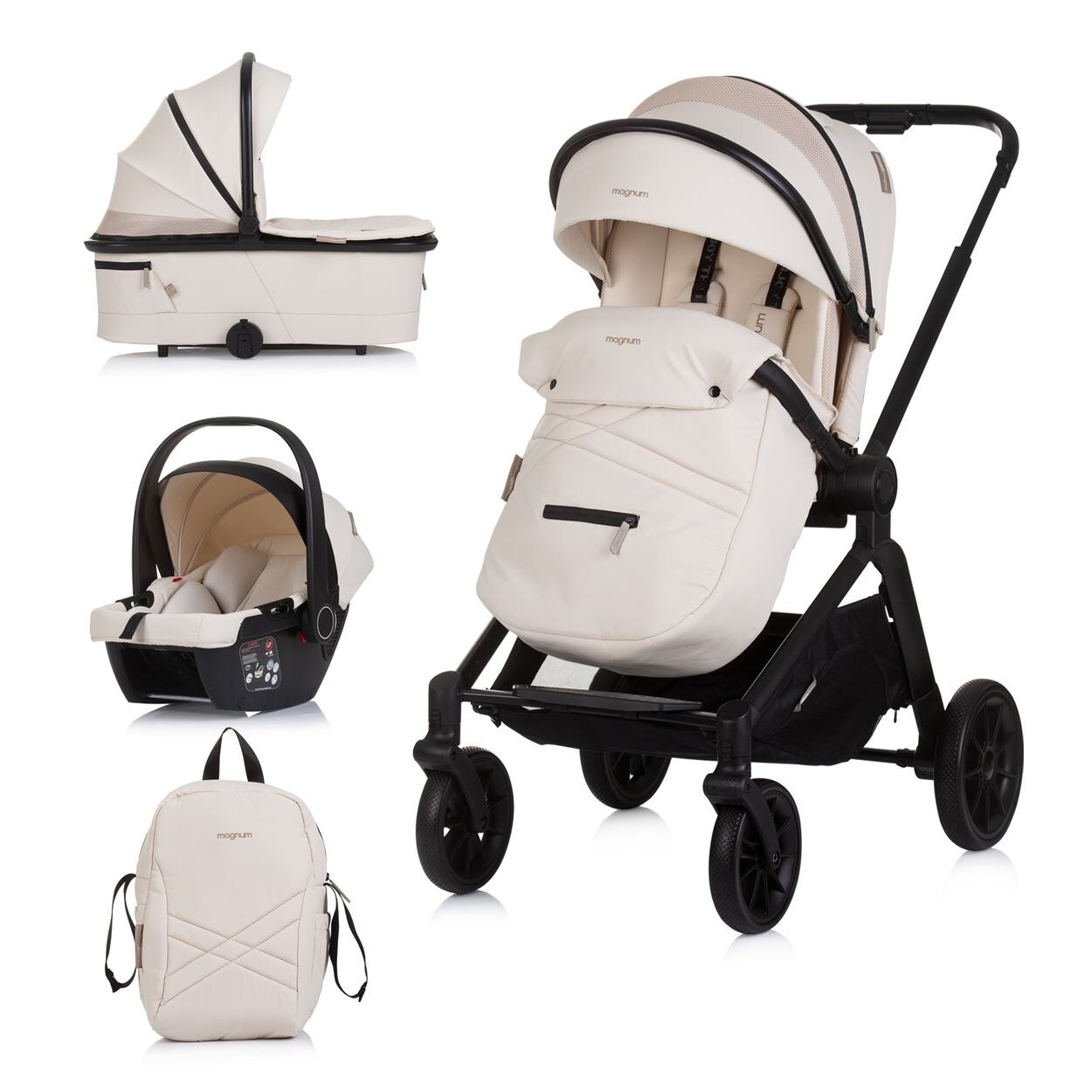Chipolino Kombikinderwagen Magnum 3 in 1 Babywanne Sportsitz i-Size Babyschale creme