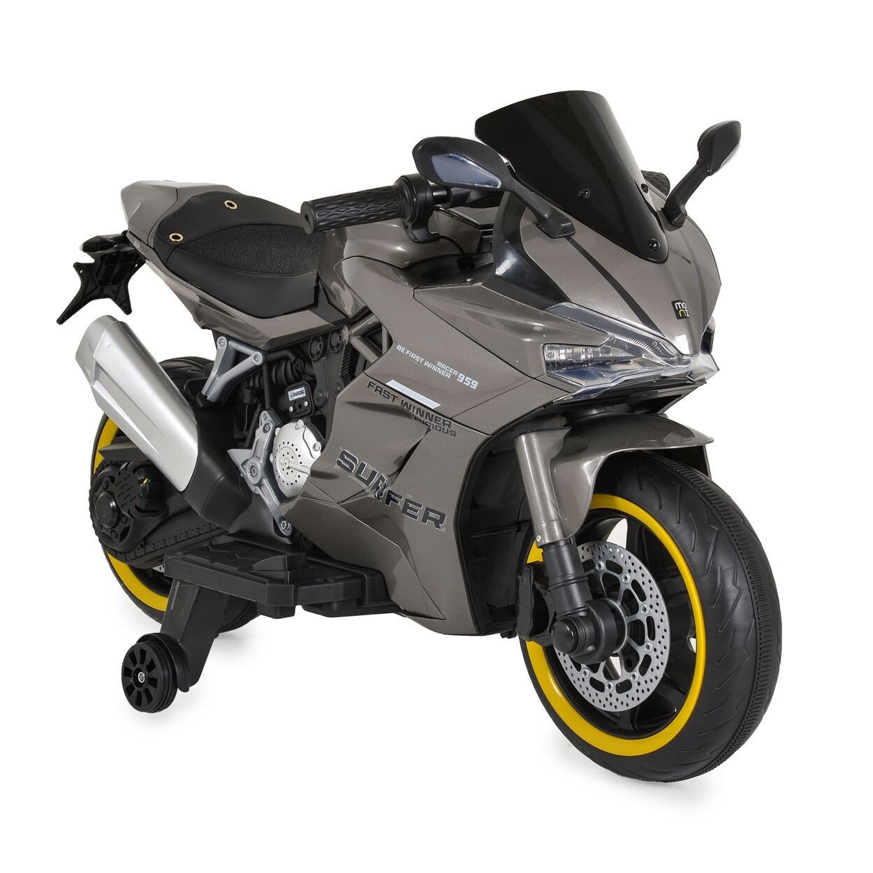 Moni Kinder Elektromotorrad Surfer Stützräder Fußstütze Bluetooth MP3-Ausgang grau