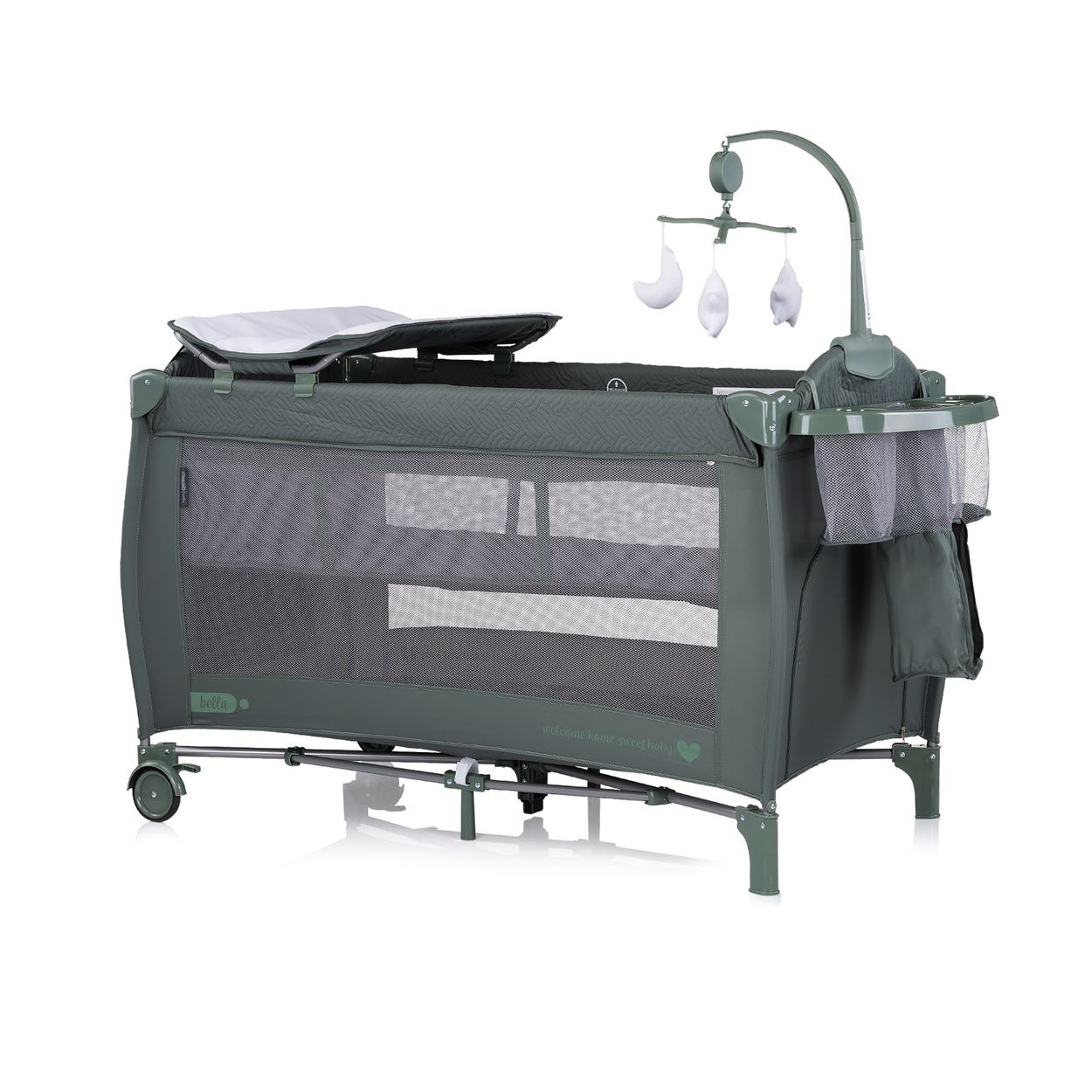 Chipolino Reisebett Bella 2 Ebenen seitlicher Eingang Musikmobile Wickelauflage gr&uuml;n gemustert - Bild 1