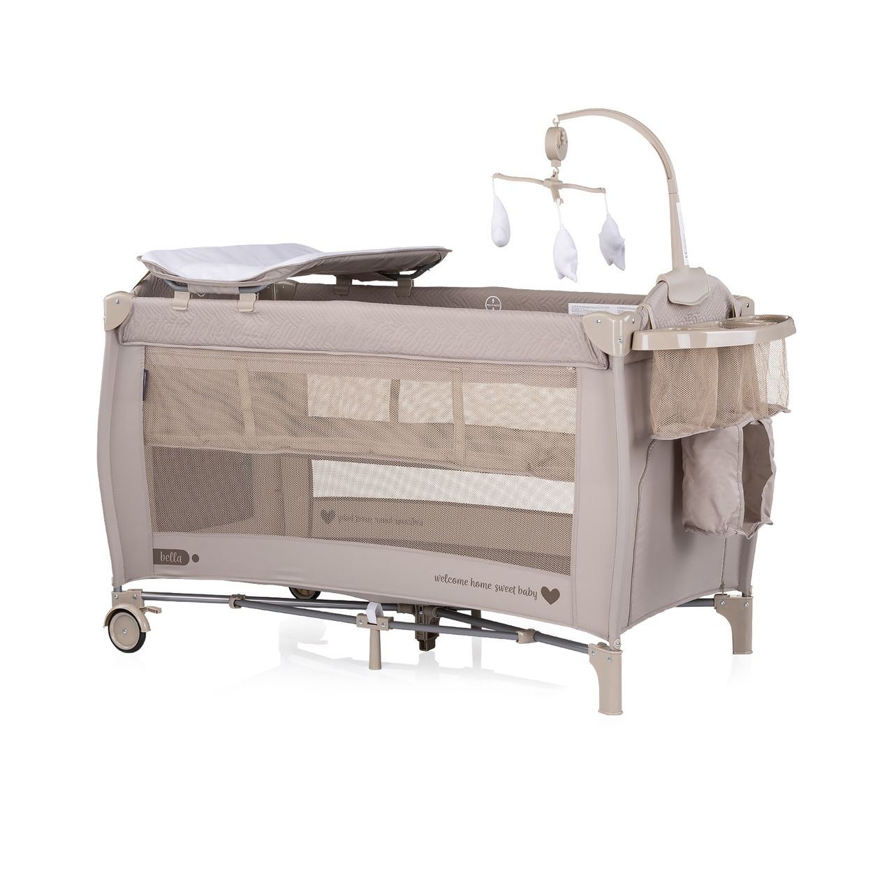 Chipolino Reisebett Bella 2 Ebenen seitlicher Eingang Musikmobile Wickelauflage braun gemustert - Bild 1