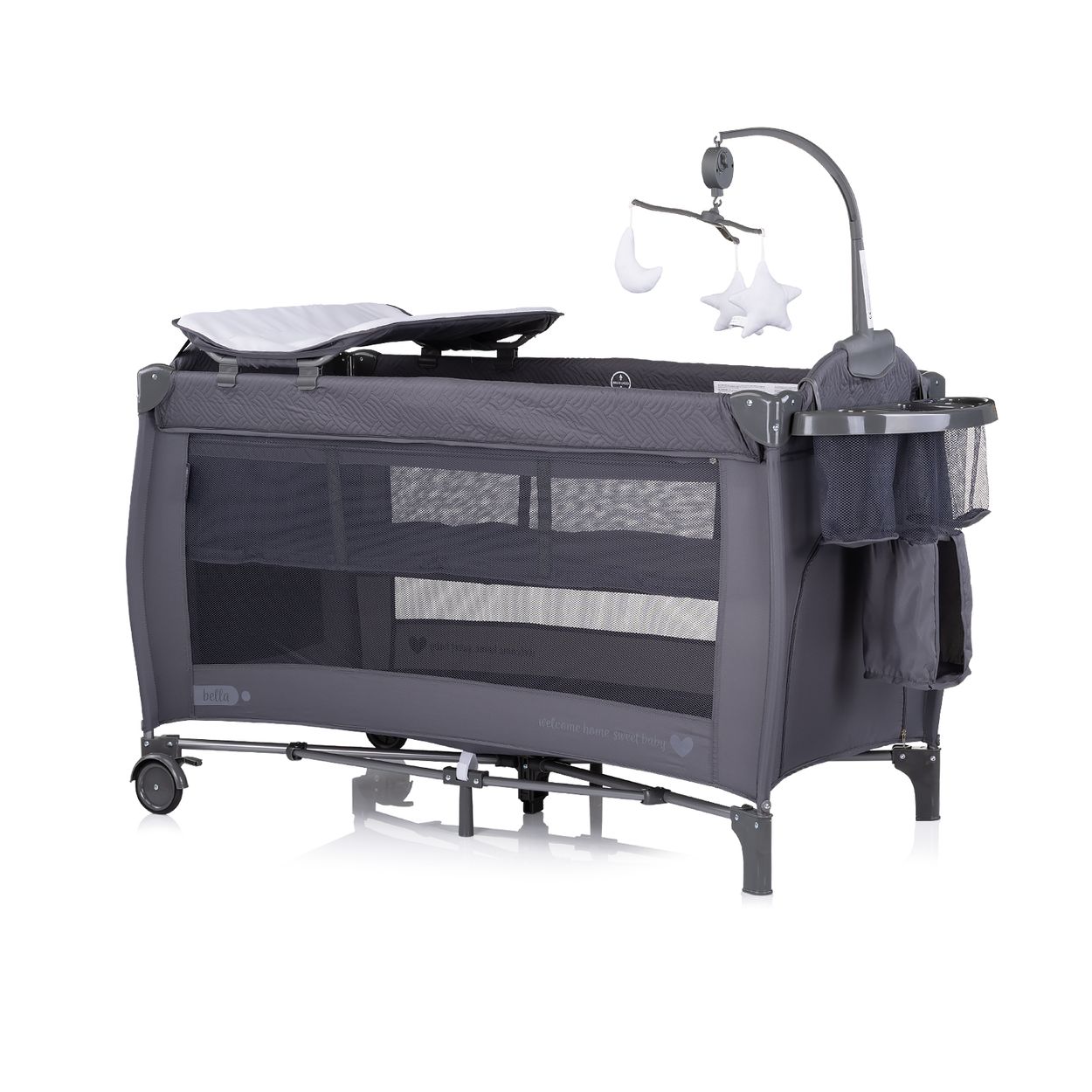 Chipolino Reisebett Bella 2 Ebenen seitlicher Eingang Musikmobile Wickelauflage grau gemustert - Bild 1