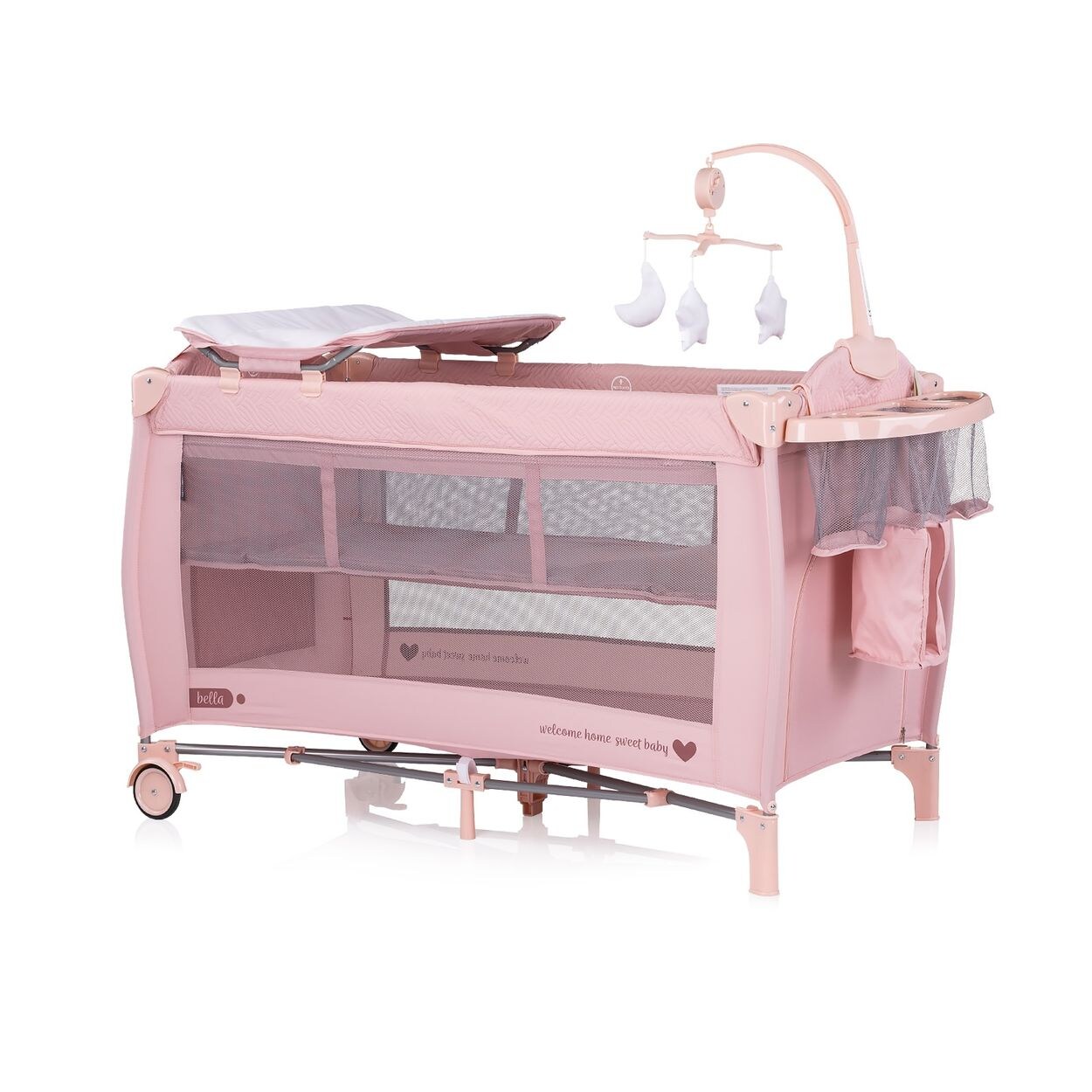 Chipolino Reisebett Bella 2 Ebenen seitlicher Eingang Musikmobile Wickelauflage pink