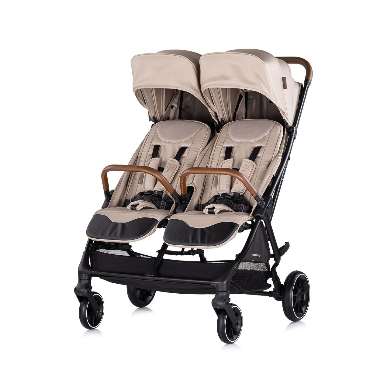 Chipolino Zwillingskinderwagen Twinity Fußabdeckung Wickeltasche Becherhalter beige