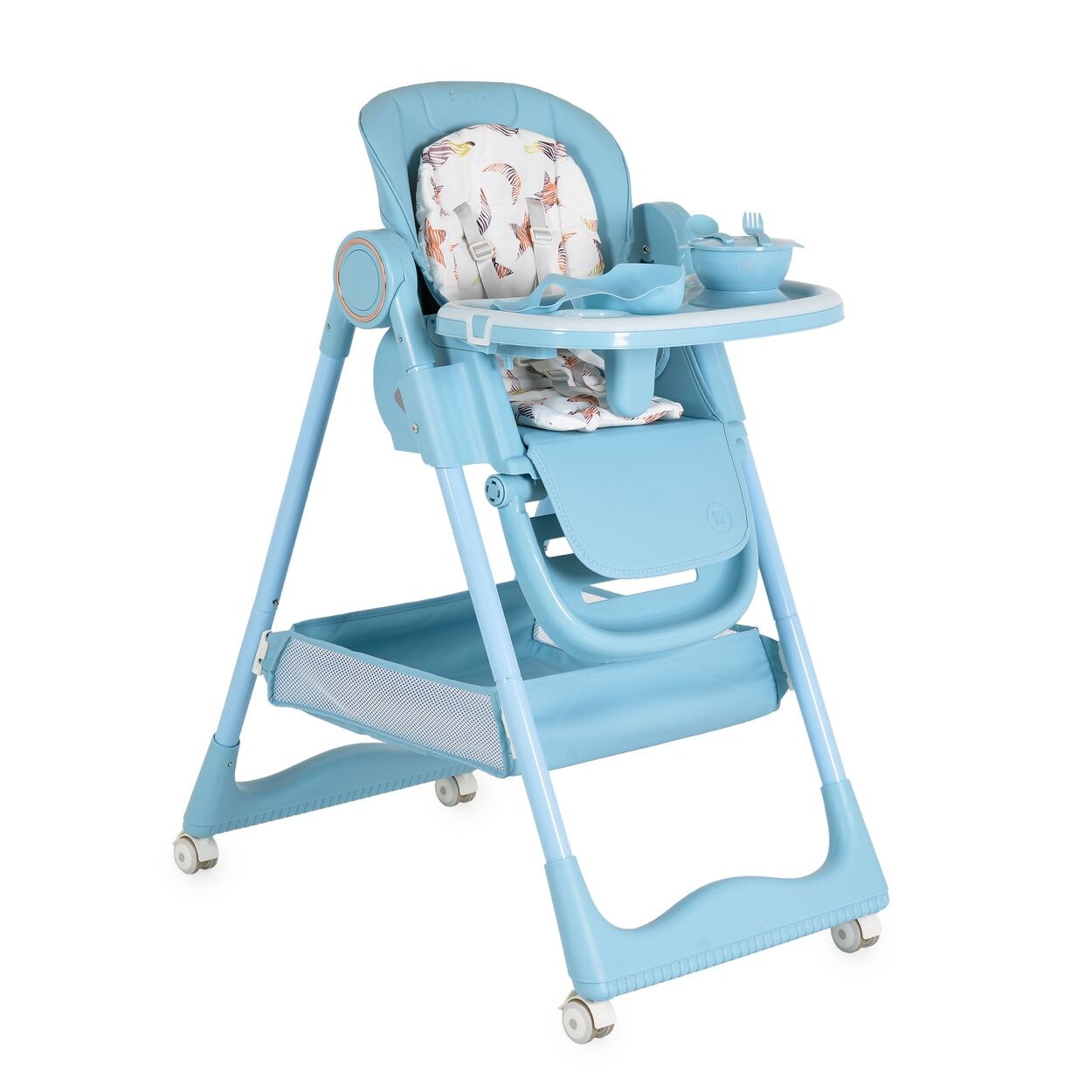 Moni Kinderhochstuhl Surprise faltbar Lätzchen Schüssel Löffel Gabel Räder Korb blau