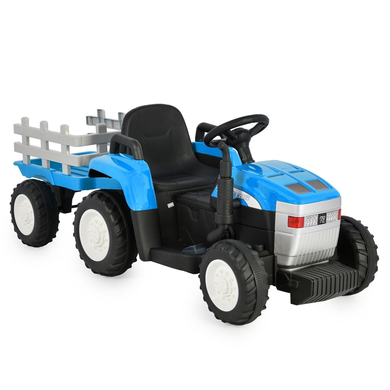 Moni Kinder Elektrotraktor Dallas mit Anhänger, Fernbedienung, Musik, Lichter blau