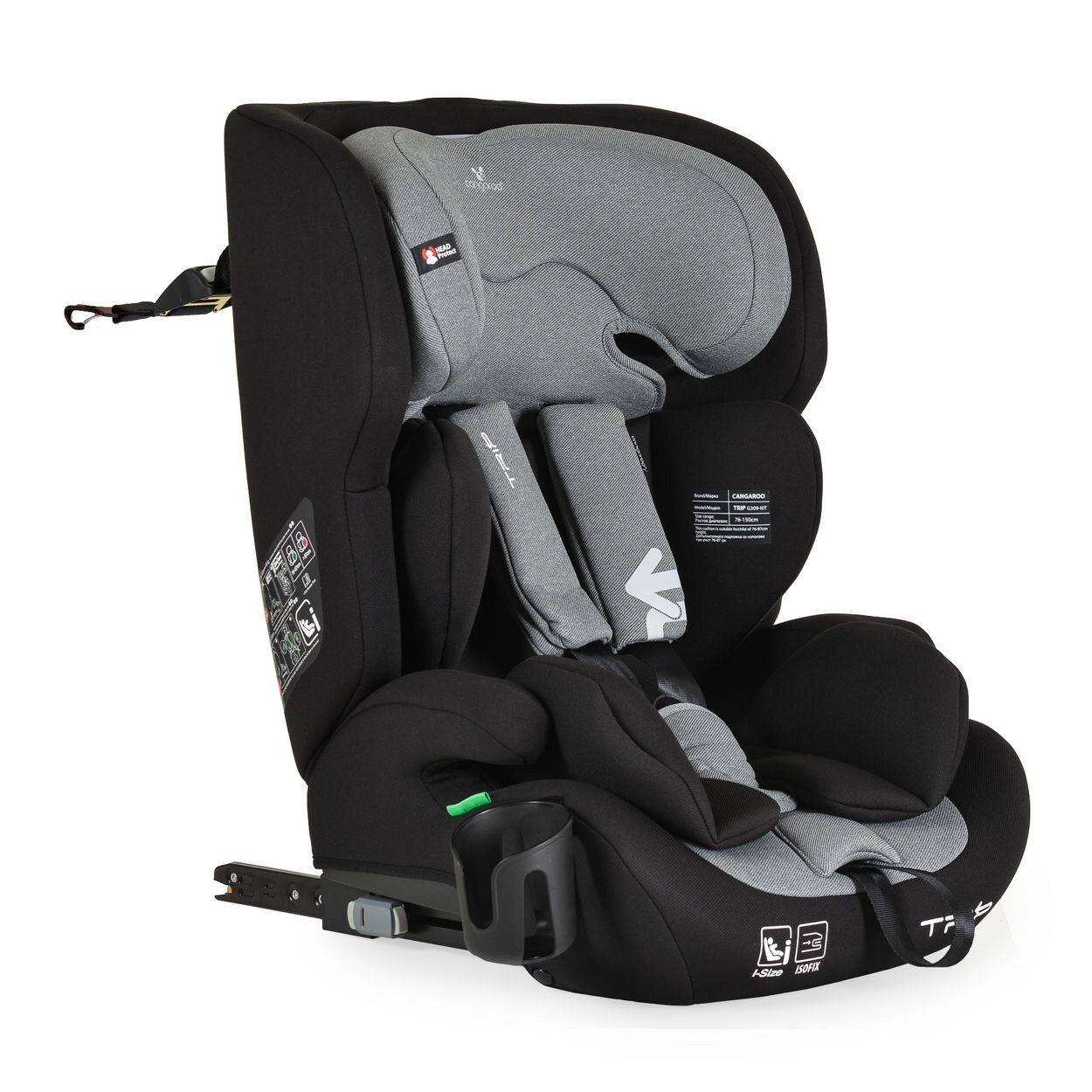 Cangaroo Kindersitz Trip i-Size (76-150cm) Isofix verstellbare Kopfstütze Gurt grau