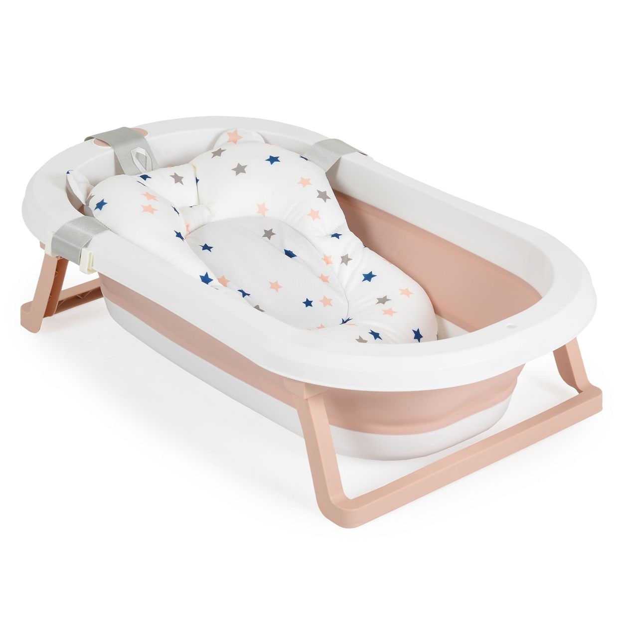 Moni Babybadewanne Palma faltbar 3-teilig Badekissen Schwamm Ablaufloch St&ouml;psel rosa - Bild 1