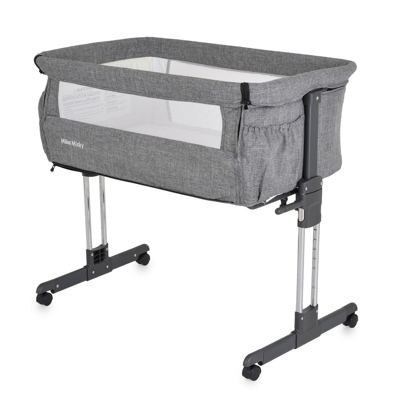 Moni Beistellbett Mika Matratze h&ouml;henverstellbar R&auml;der mit Bremse Seitentaschen grau - Bild 1