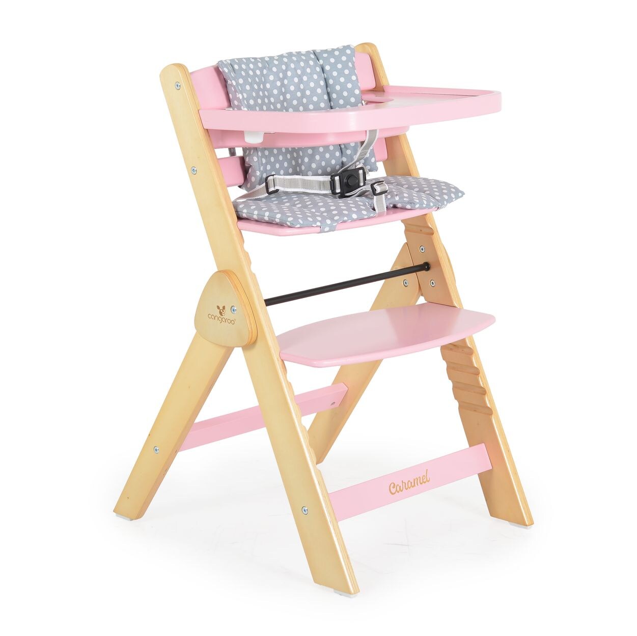 Cangarro Kinderhochstuhl Caramel Holz, Kissen, klappbar, Fußstütze, 3-Punkt-Gurt rosa