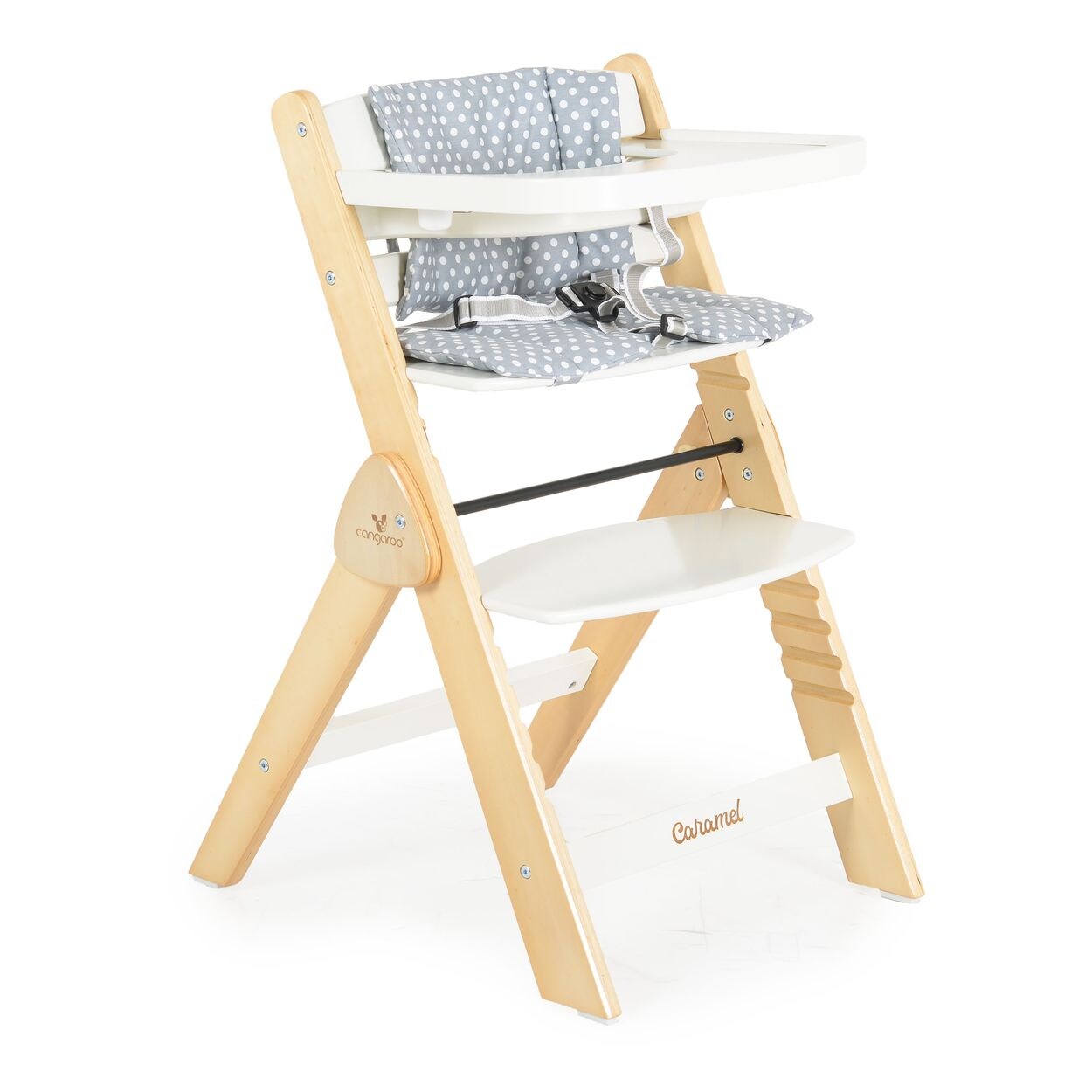 Cangarro Kinderhochstuhl Caramel Holz, Kissen, klappbar, Fußstütze, 3-Punkt-Gurt weiß