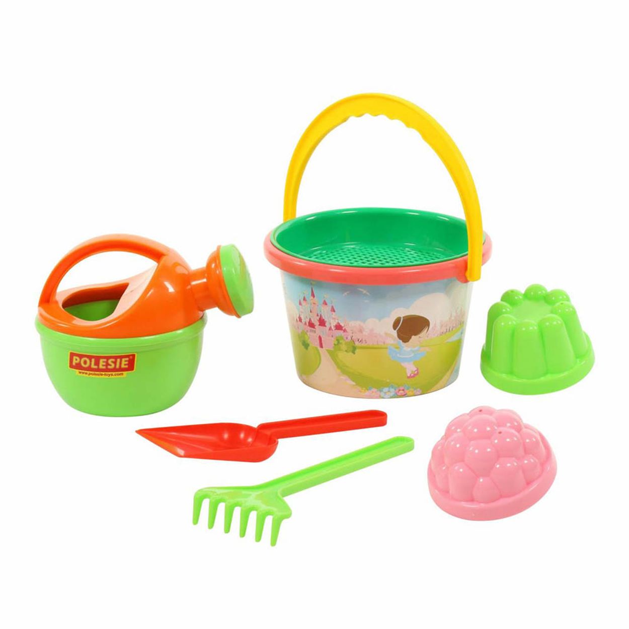 Polesie Sandspielzeug Set 0658 Eimer Schaufel Gie&szlig;kanne F&ouml;rmchen Rechen 6-teilig bunt - Bild 1