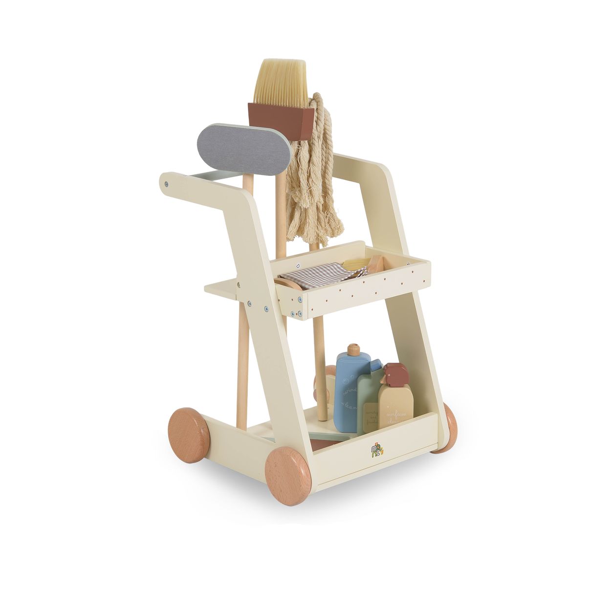 Moni Kinder-Spielzeugputzwagen W10D787 Holz Besen Mopp Schwamm B&uuml;rste mit R&auml;der beige - Bild 1