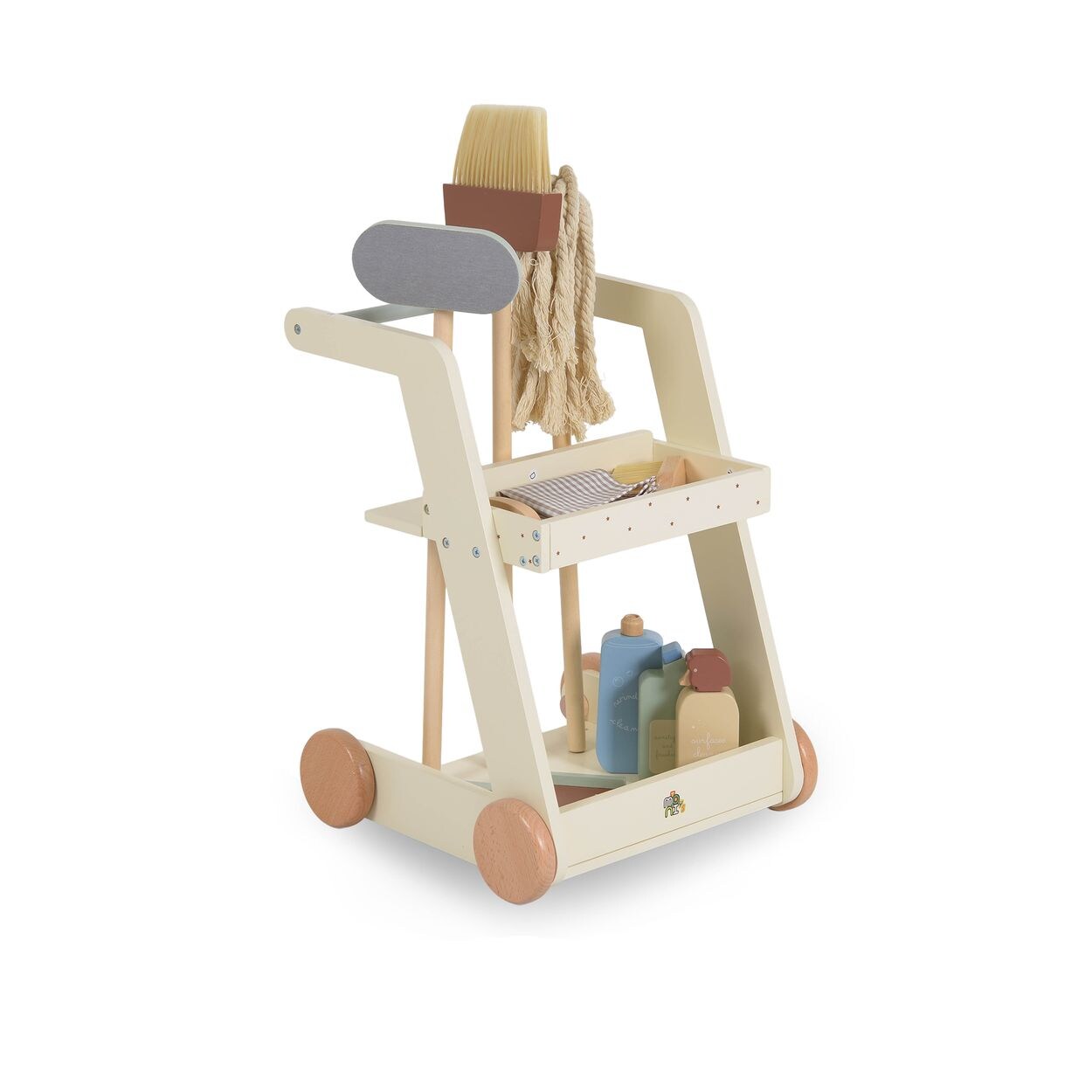 Moni Kinder-Spielzeugputzwagen W10D787 Holz Besen Mopp Schwamm Bürste mit Räder beige | 03801005602049