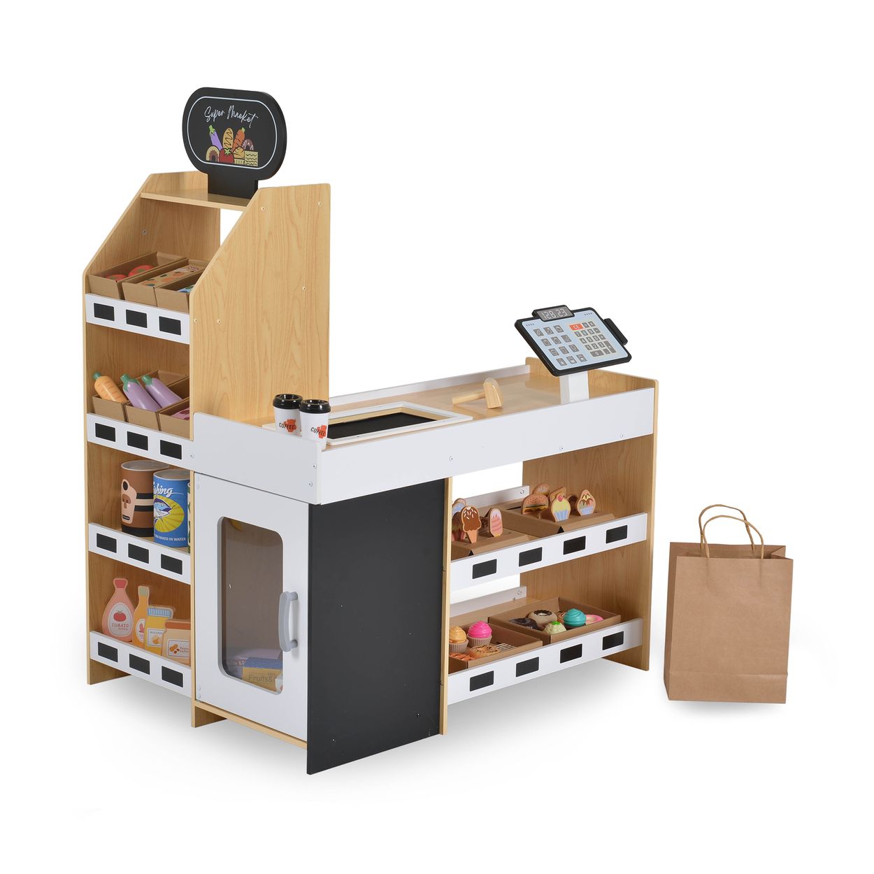 Moni Spielkaufladen W10A214 Holz Kasse Lebensmittel Geld Regale Einkaufstaschen wei&szlig; - Bild 1