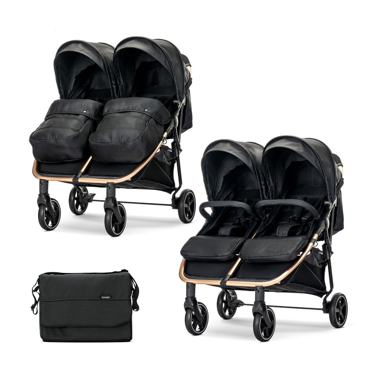 Lorelli Zwillingskinderwagen Duo klappbar verstellbar Fu&szlig;abdeckung Wickeltasche schwarz gold - Bild 1