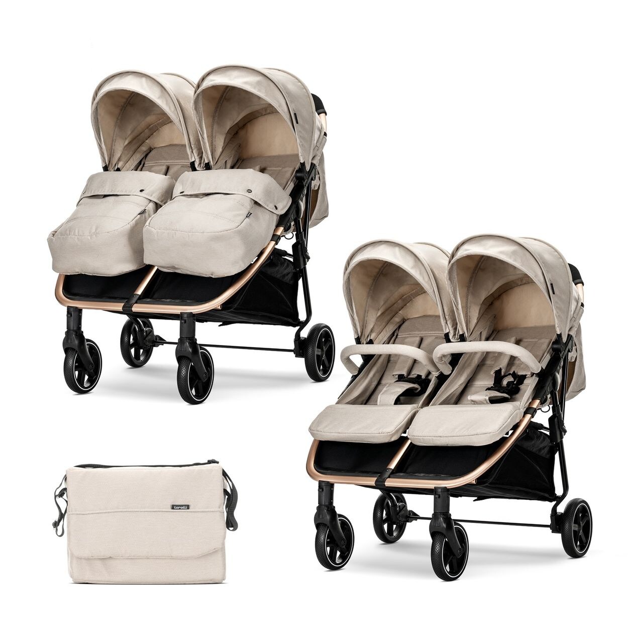 Lorelli Zwillingskinderwagen Duo klappbar verstellbar Fußabdeckung Wickeltasche creme