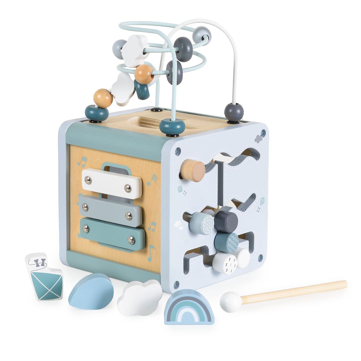 Moni Aktivit&auml;tsw&uuml;rfel Holz W11B316, Sortierspiel, Xylophon, Labyrinth, Motorik blau - Bild 1