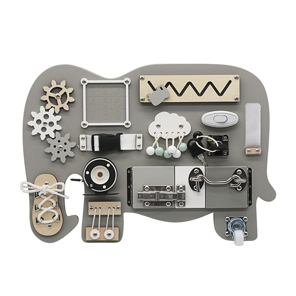 Moni Lernboard Elefant W12D558 Holz Zahnr&auml;der Schl&ouml;sser Schn&uuml;rsenkel Verschluss grau - Bild 1