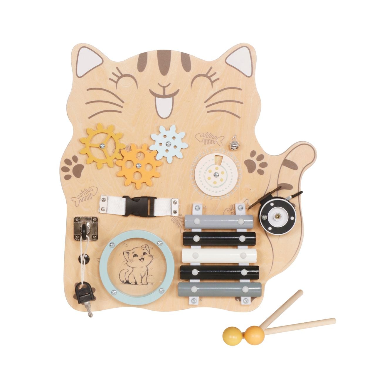 Moni Lernboard Katze W12D664 Holz, Xylofon, Zahnr&auml;der, Schl&ouml;sser, Verschl&uuml;sse braun - Bild 1