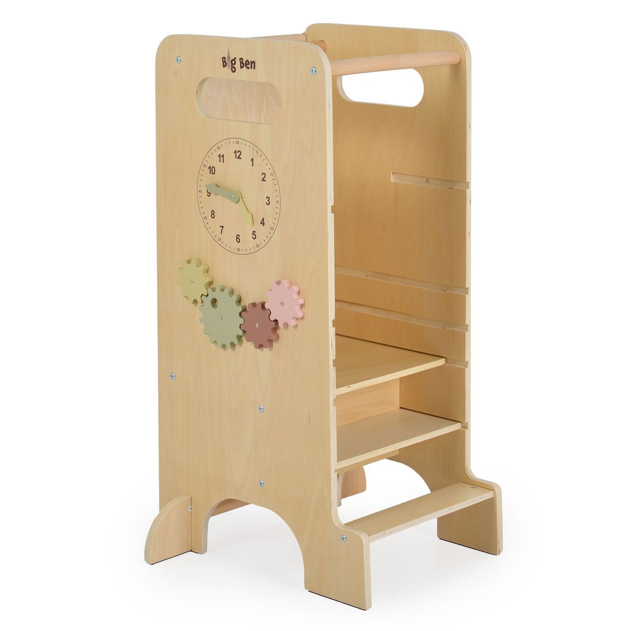 Moni Kinder Lernturm 4 in 1 Big Ben Rutsche Tafel Hochstuhl Uhranzeige Motorik hellbraun