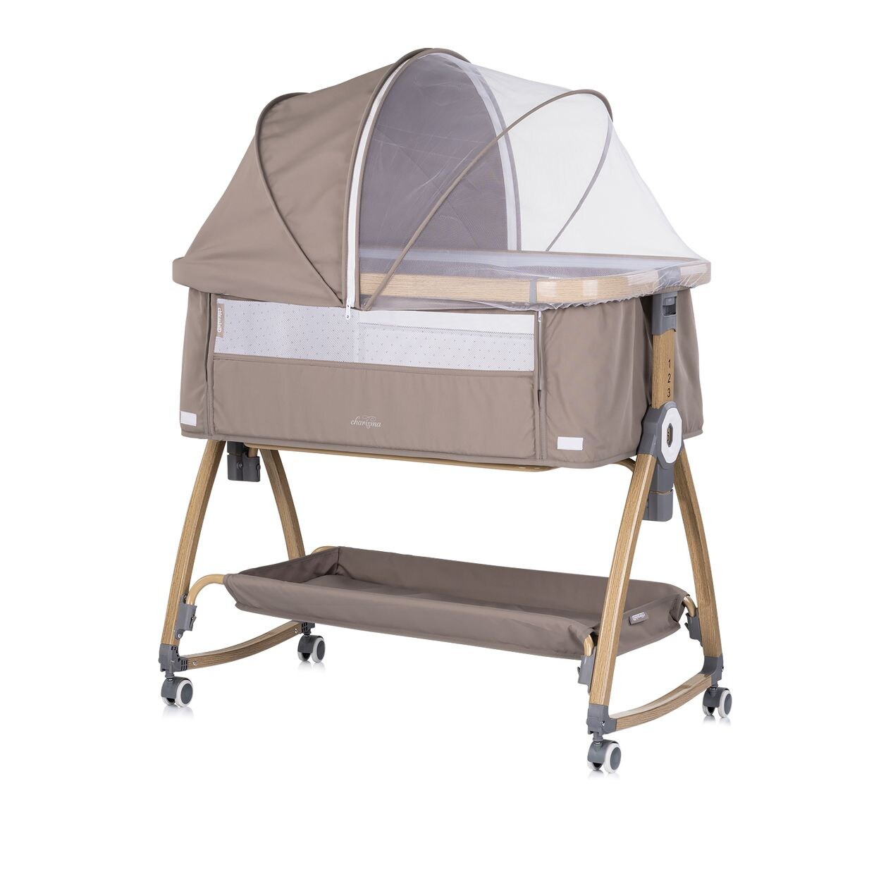 Chipolino Beistellbett Charisma Matratze höhenverstellbar Räder Ablagefach Gurt braun