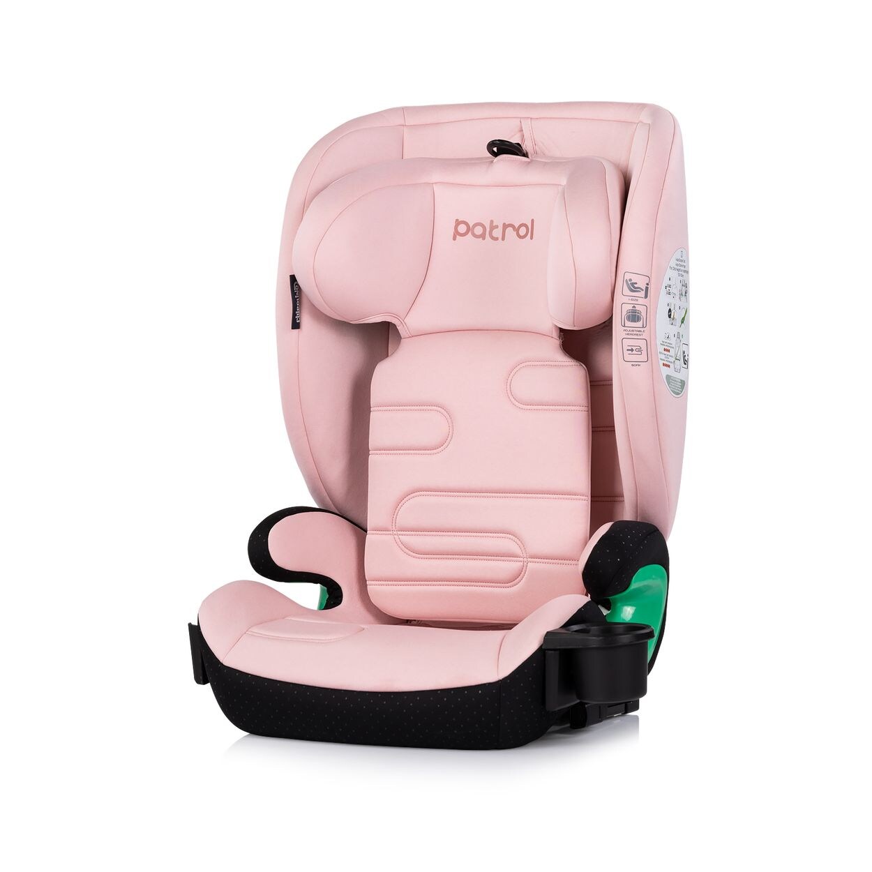 Chipolino Kindersitz Patrol i-Size Isofix (100-150cm) Kopfstütze Getränkehalter rosa