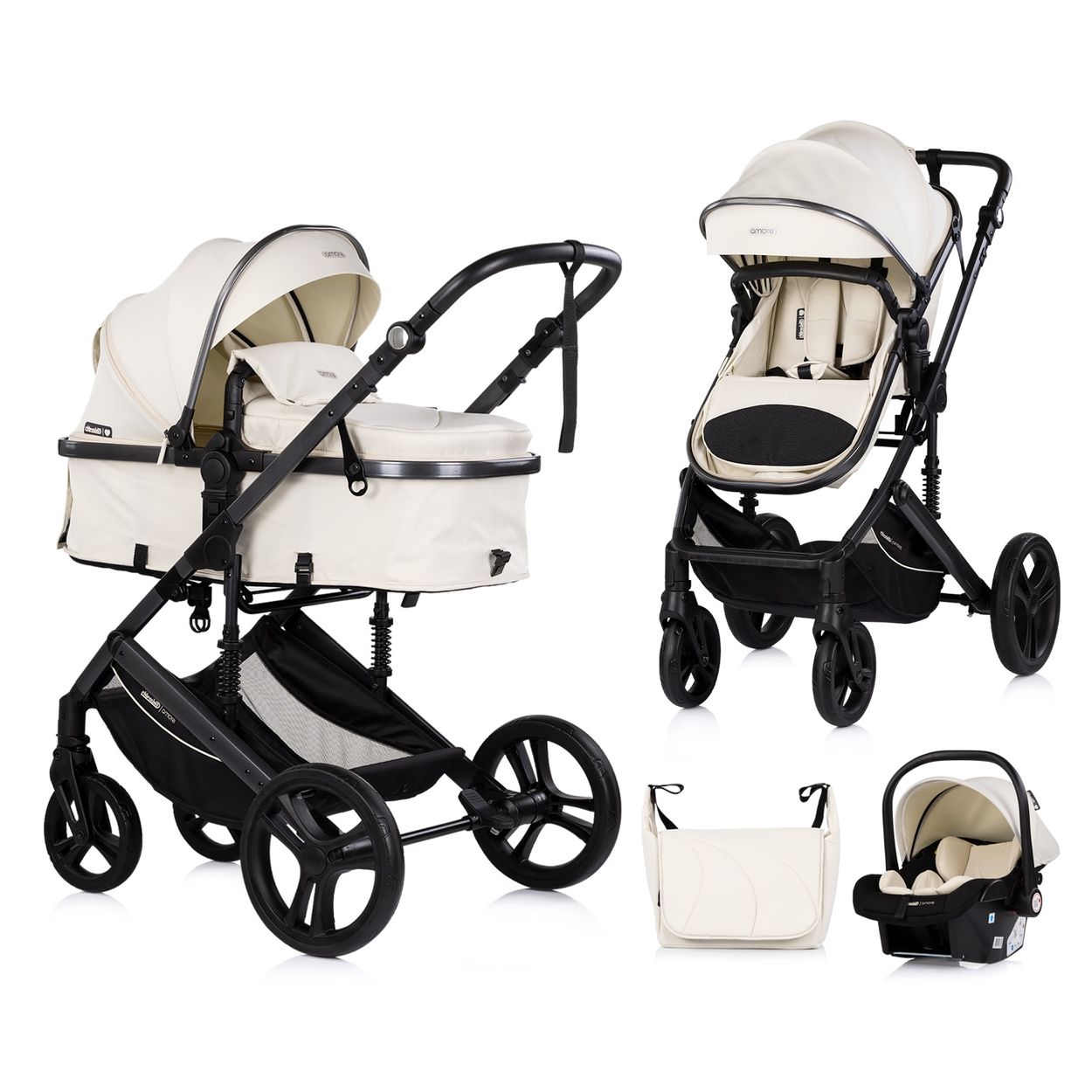 Chipolino Kinderwagen 3 in 1 Amore Babyschale Adapter Wickeltasche Fu&szlig;abdeckung beige-schwarz - Bild 1
