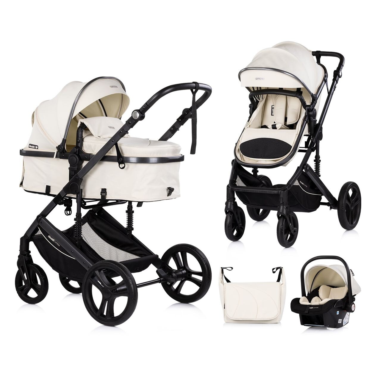 Chipolino Kinderwagen 3 in 1 Amore Babyschale Adapter Wickeltasche Fußabdeckung beige-schwarz
