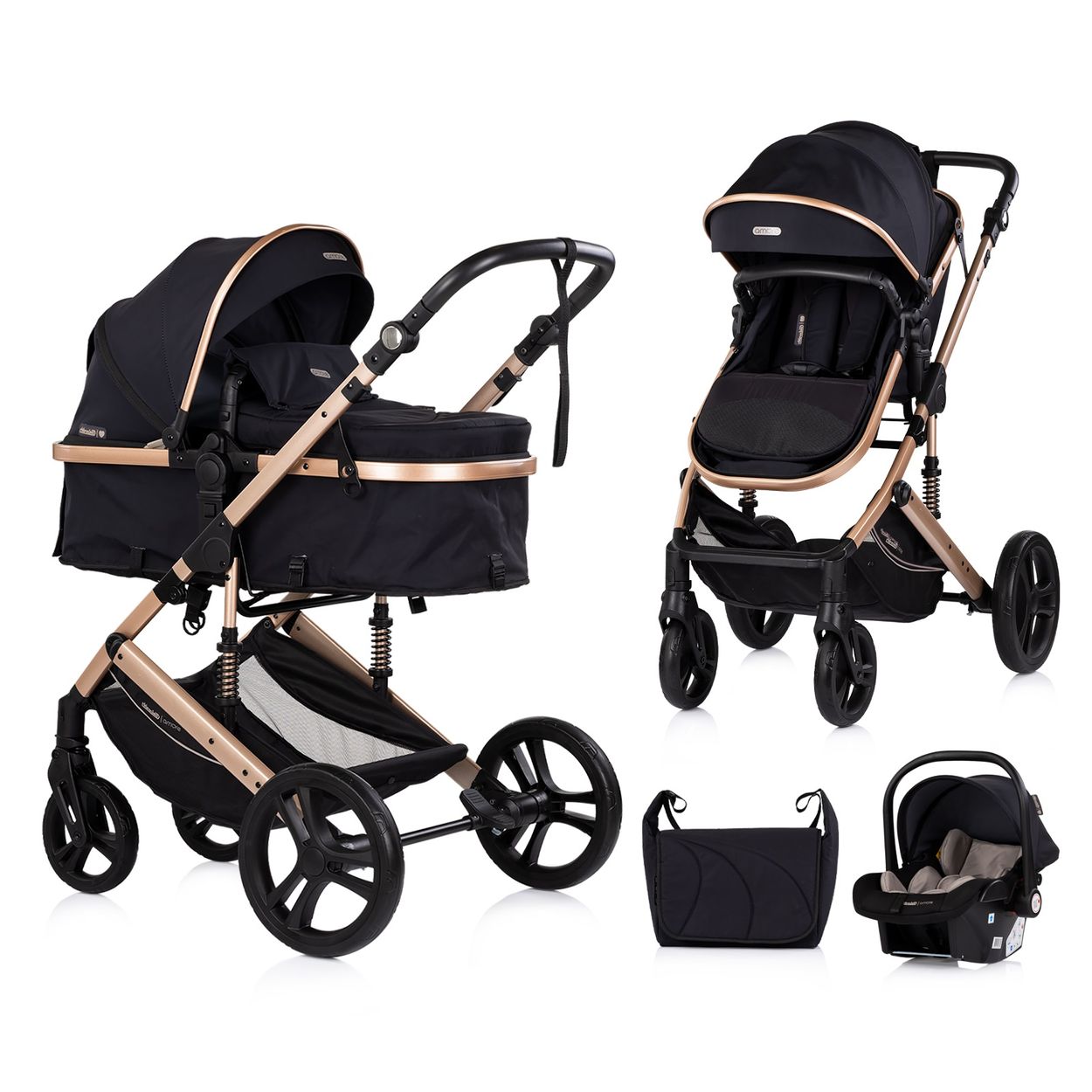 Chipolino Kinderwagen 3 in 1 Amore Babyschale Adapter Wickeltasche Fu&szlig;abdeckung black - Bild 1