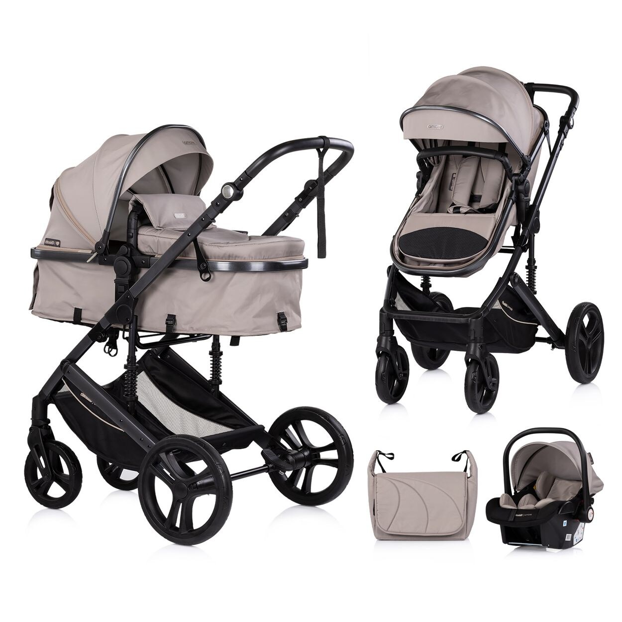 Chipolino Kinderwagen 3 in 1 Amore Babyschale Adapter Wickeltasche Fußabdeckung braun