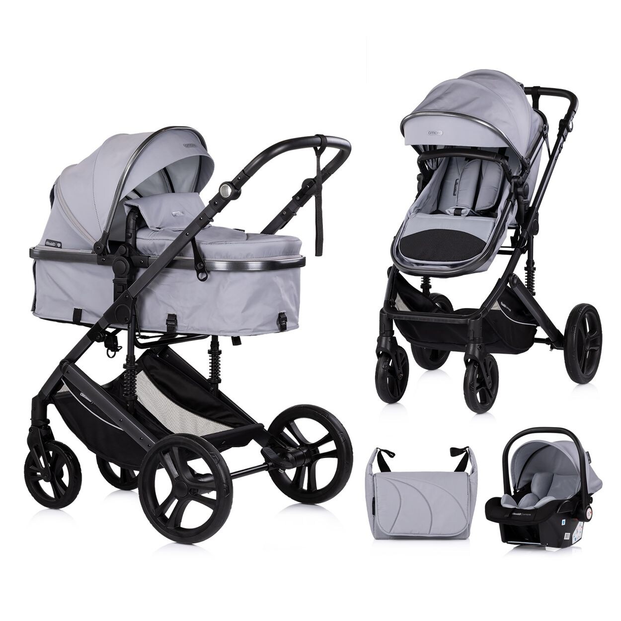 Chipolino Kinderwagen 3 in 1 Amore Babyschale Adapter Wickeltasche Fußabdeckung hellgrau