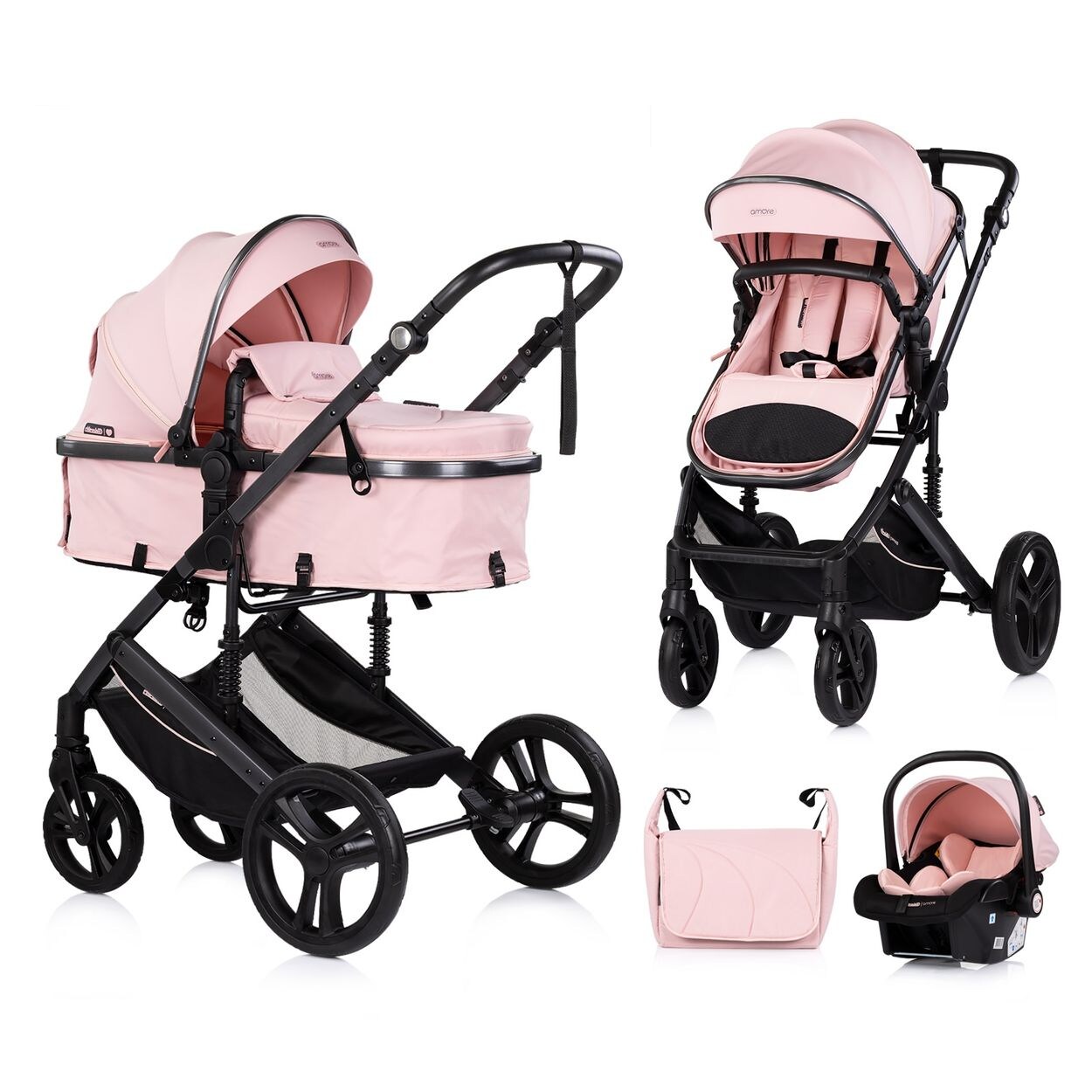 Chipolino Kinderwagen 3 in 1 Amore Babyschale Adapter Wickeltasche Fußabdeckung rosa pink