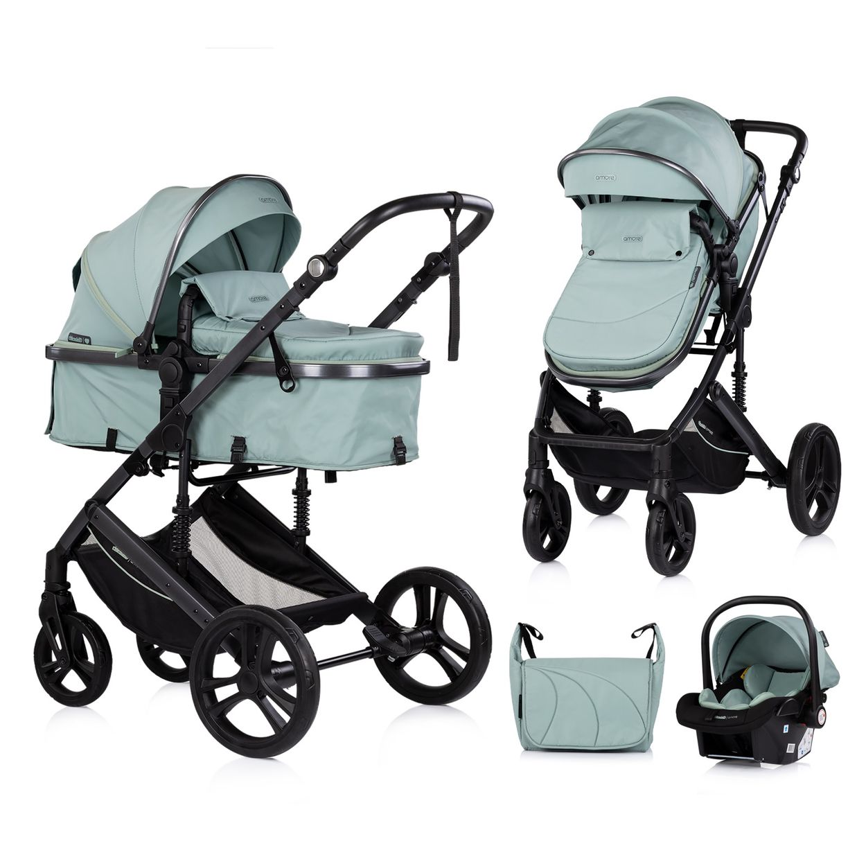 Chipolino Kinderwagen 3 in 1 Amore Babyschale Adapter Wickeltasche Fu&szlig;abdeckung t&uuml;rkis - Bild 1
