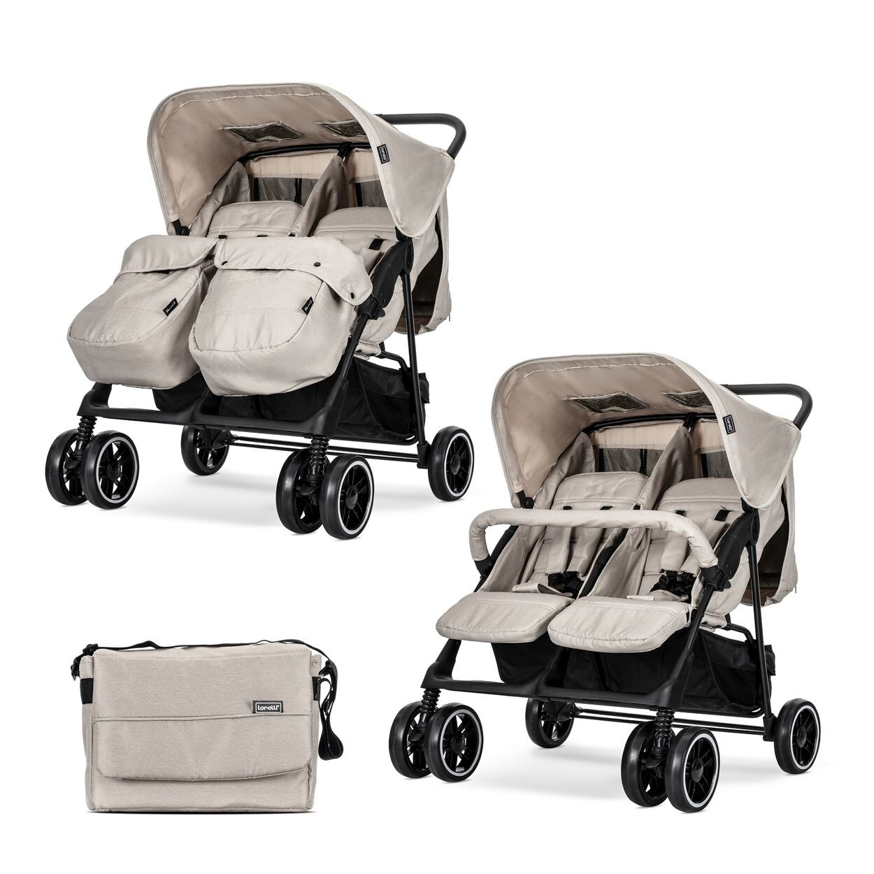 Lorelli Zwillingskinderwagen TWIN Wickeltasche Einhand-Klappsystem Fußabdeckung beige-schwarz