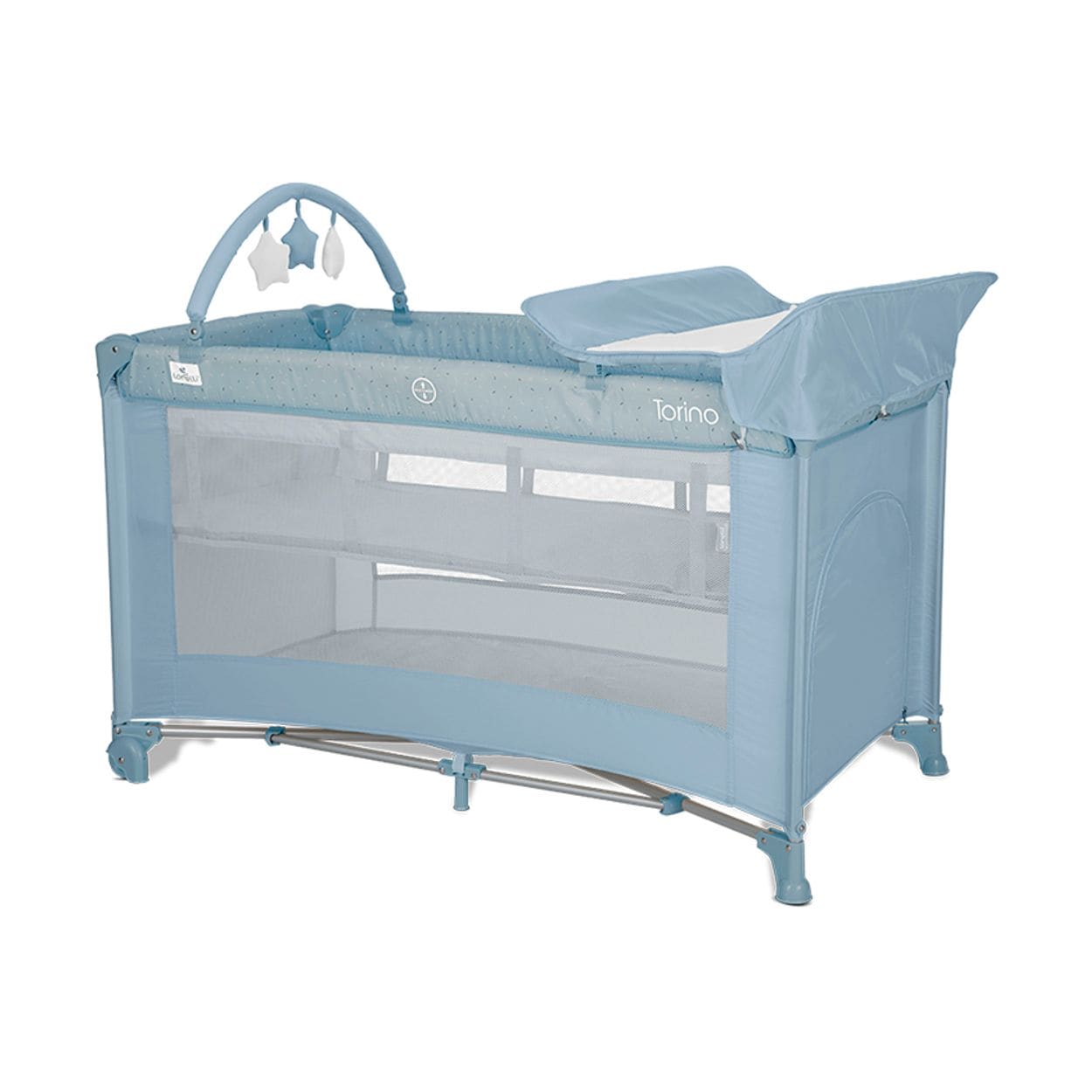 Lorelli Reisebett Torino plus 2 Ebenen Wickelauflage Spielbogen R&auml;der faltbar hellblau - Bild 1