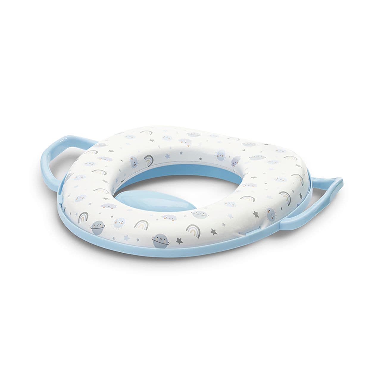 Lorelli Toilettensitz mit Handgriff weich gepolstert Spritzschutz aus Kunststoff blau wei&szlig; - Bild 1