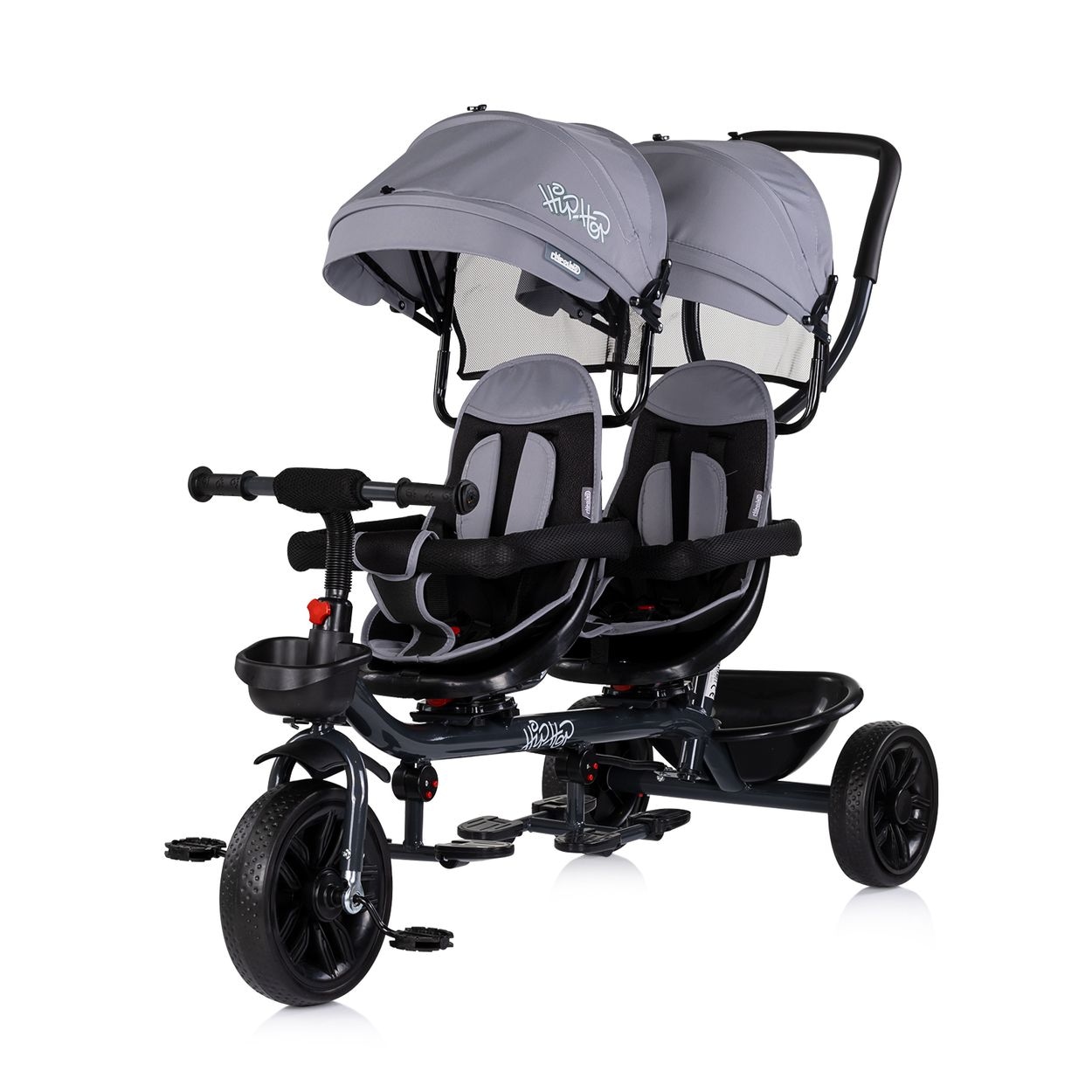 Chipolino Zwillingsdreirad Hip Hop, zwei Kinder, bis 40 kg, Sitze 360° drehbar grau/schwarz