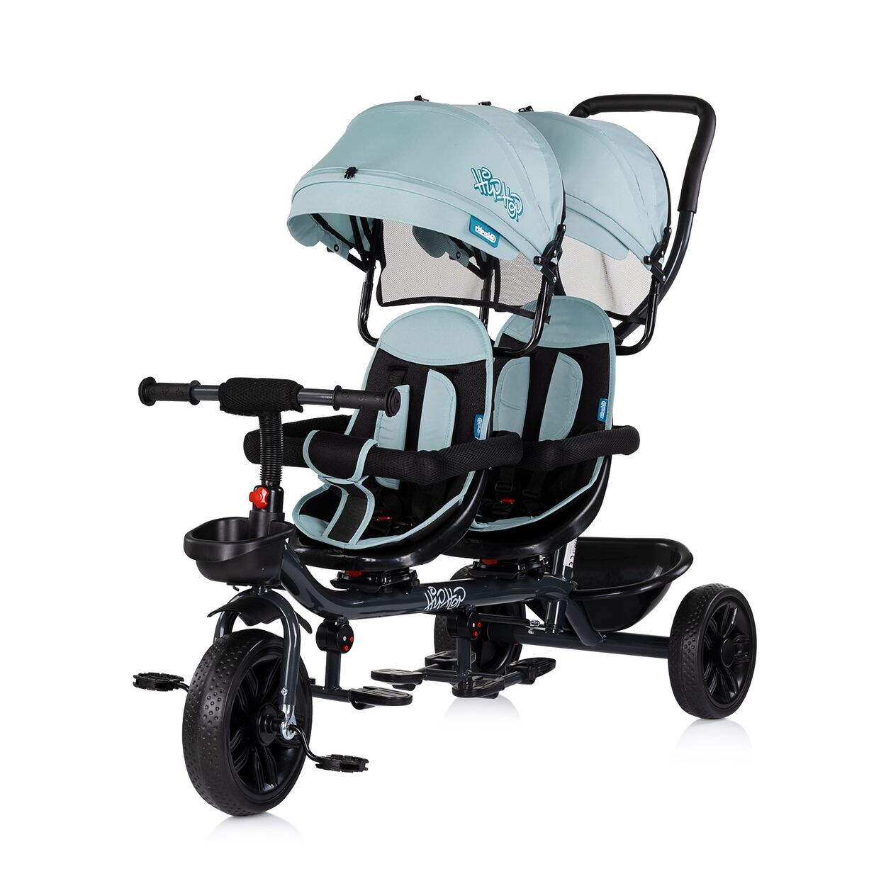 Babyshoppen Geschwisterdreirad Hip Hop, Schiebegriff, Sitze 360° drehbar, Gurte hellblau