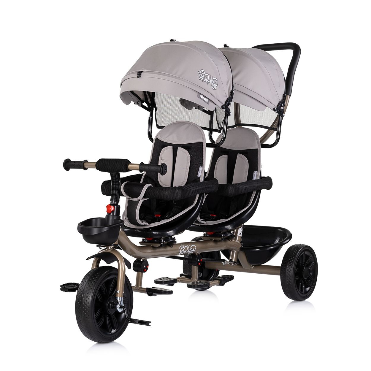 Babyshoppen Geschwisterdreirad Hip Hop, Schiebegriff, Sitze 360° drehbar, Gurte hellbraun