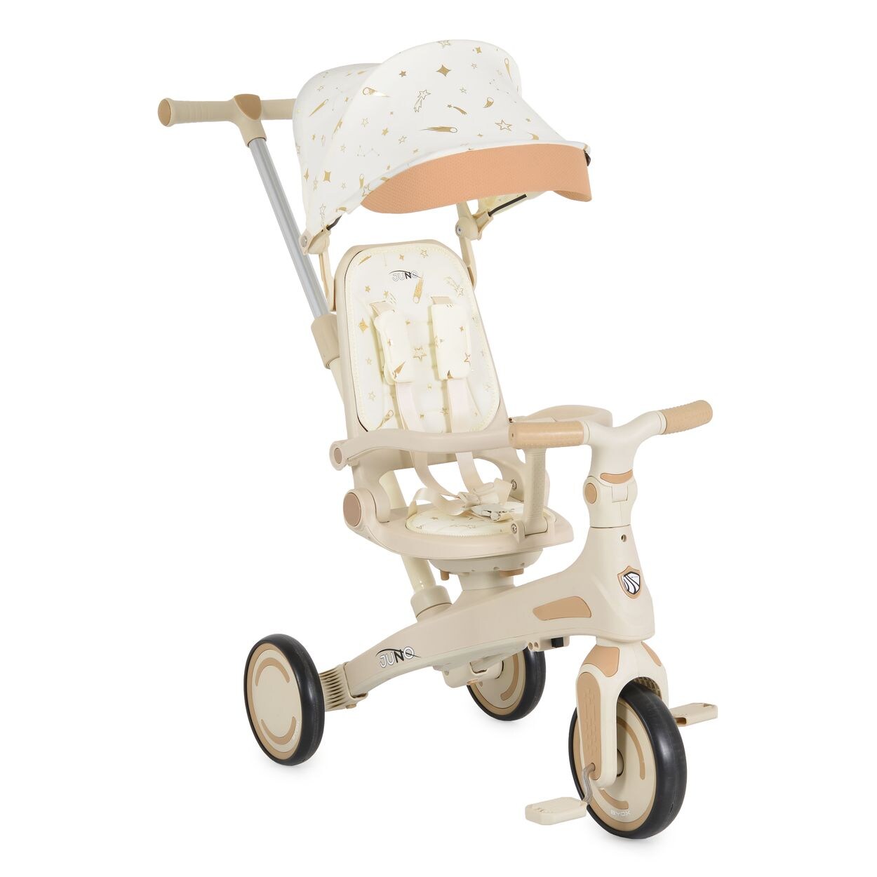 Byox Dreirad, Tricycle Juno 4 in 1 Laufrad Schiebegriff Sitzdrehung Sonnendach weiß beige