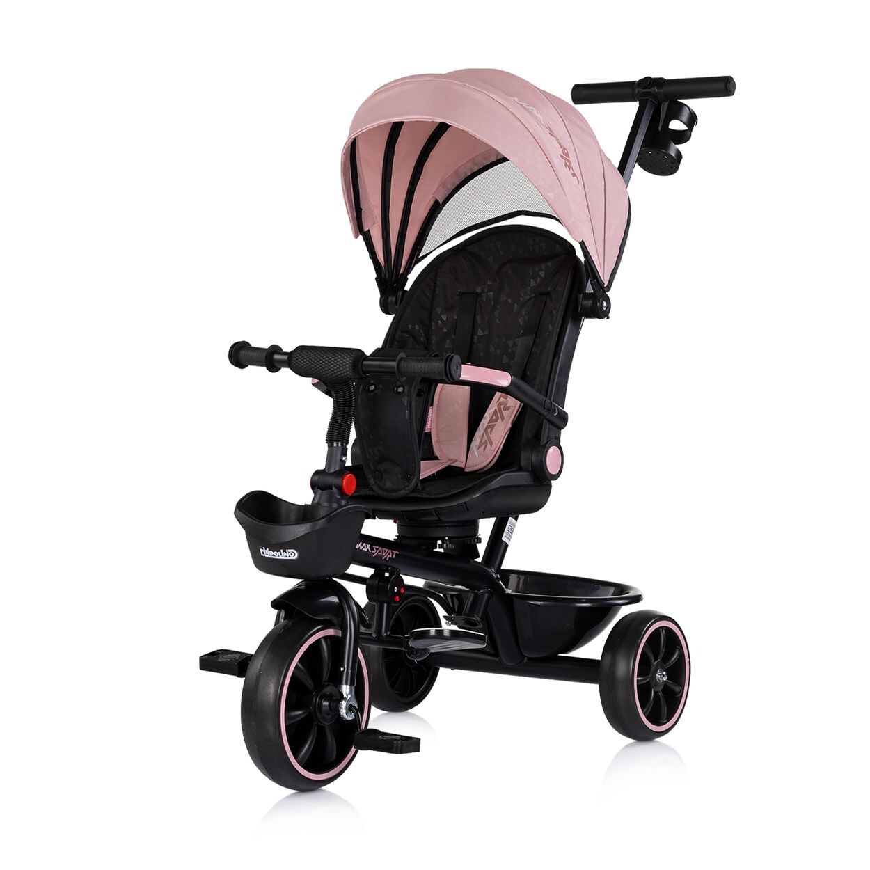 Chipolino Tricycle Max Sport 2 in 1, Dreirad, Becherhalter, Sitz umkehrbar, Korb rosa schwarz