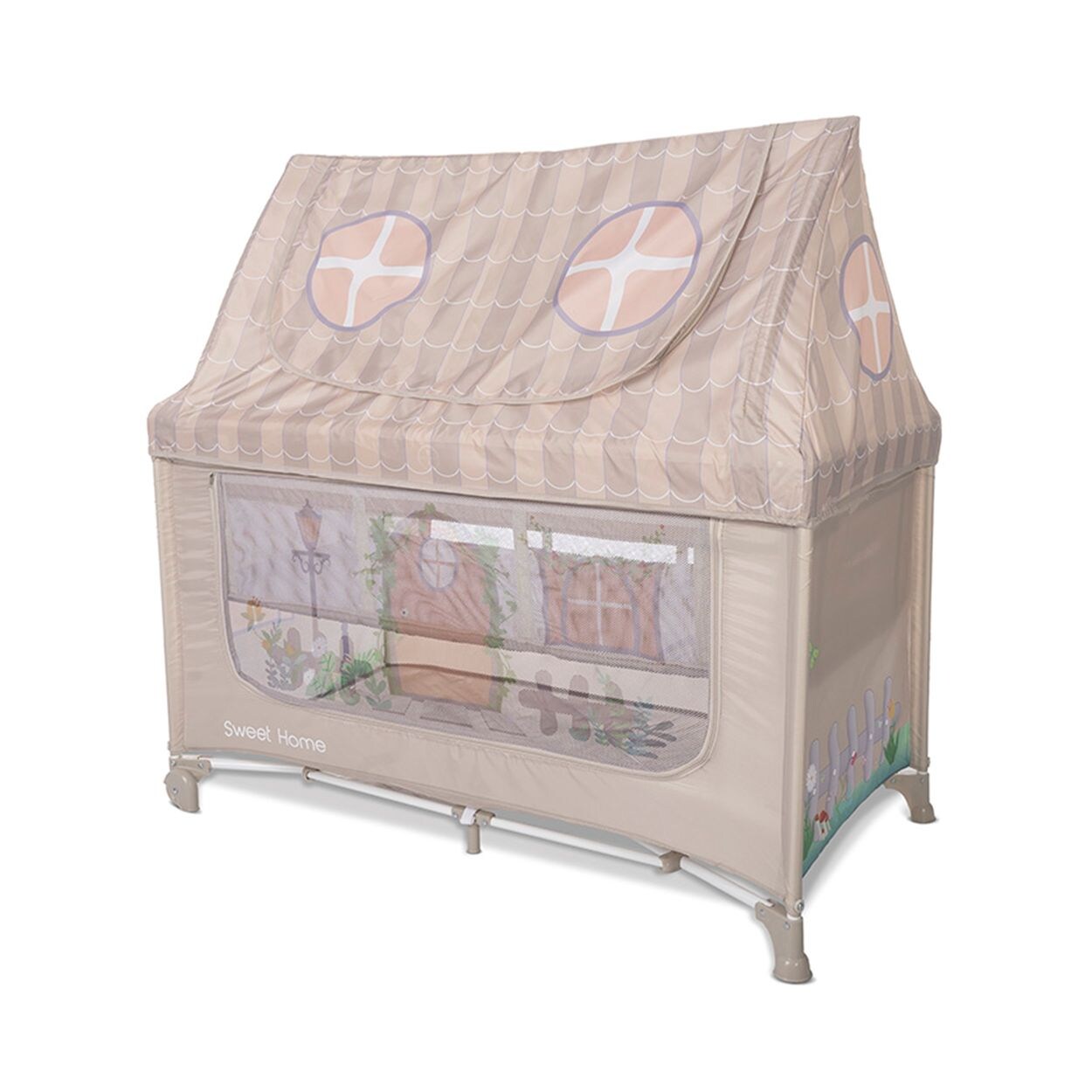 Lorelli Reisebett Sweet Home 2 Ebenen Laufstall mit Dach faltbar Räder Matratze beige
