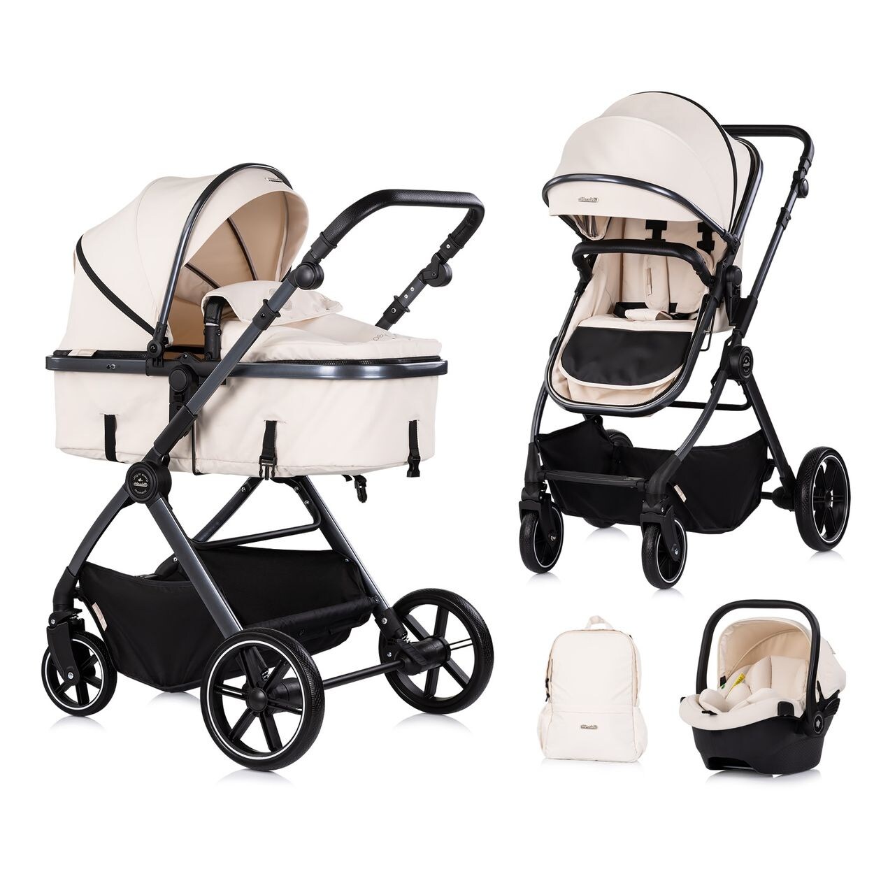 Chipolino Kombikinderwagen Pearl 3 in 1 umbaubar Babyschale Wickeltasche Fußsack beige
